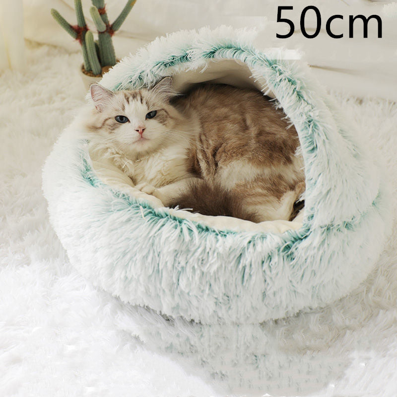 Lit 2 en 1 pour chien et chat - Lit d'hiver rond en peluche chaud pour animaux de compagnie - Lit doux et long en peluche pour animaux de compagnie